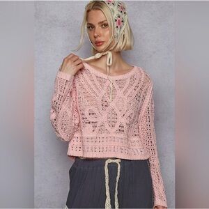 246 - POL Delicate Round Neck Long Sleeve Pink Crochet Top